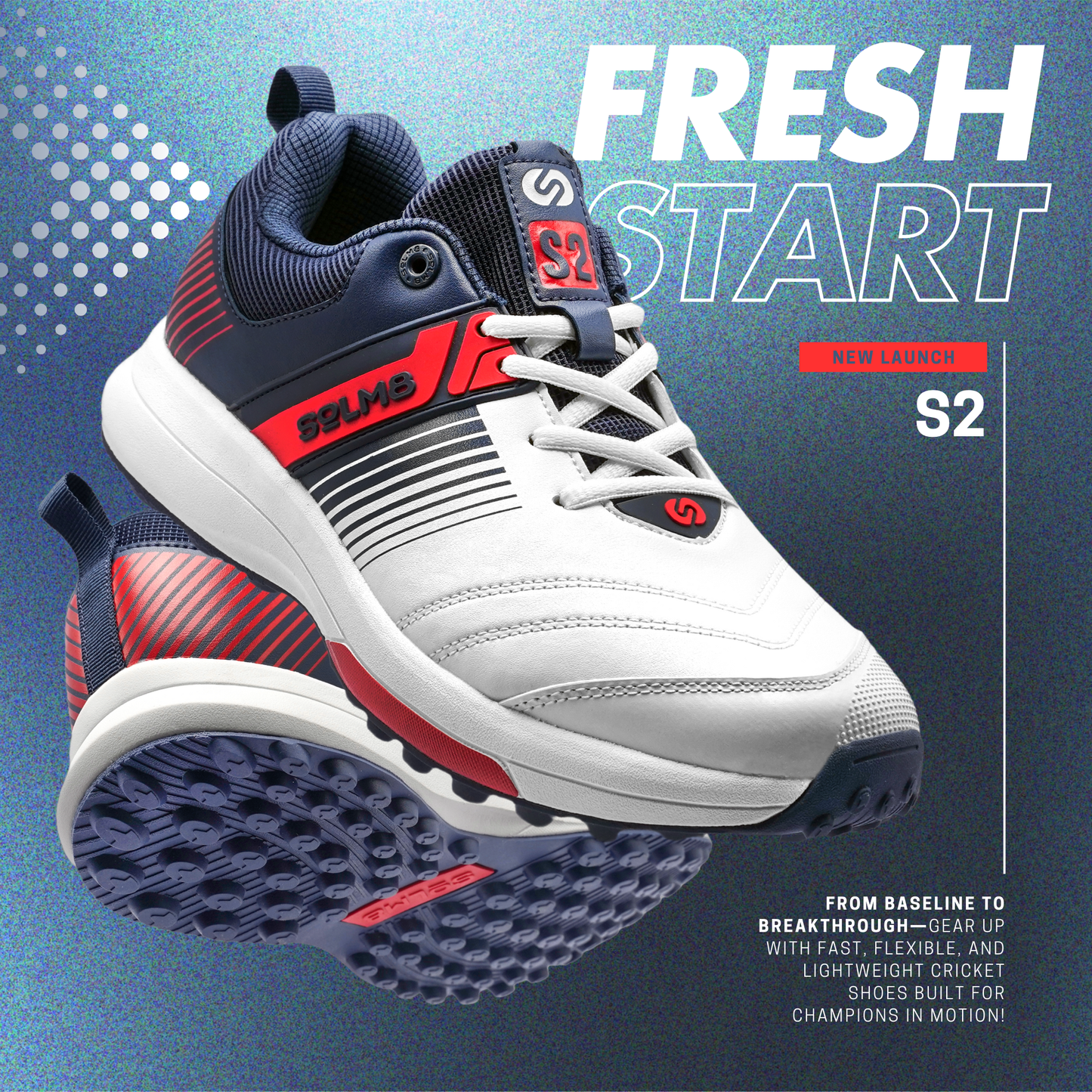 SOLM8 S2 White Red Navy Cricket Shoe