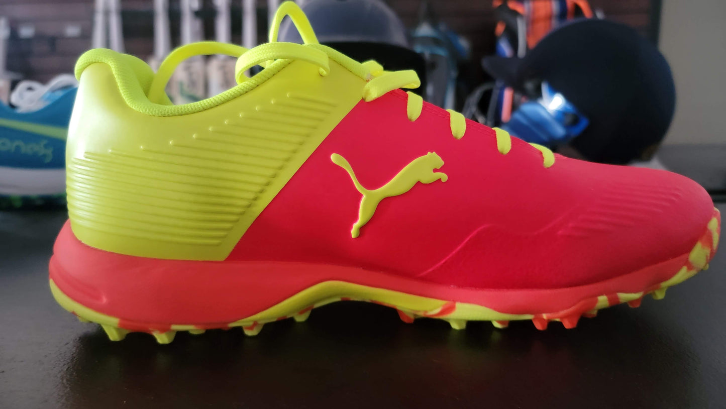 Puma X One8 Red Blast Yellow Alert cricket rubber stud shoe